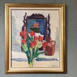 Mid-Century Modern "Window Red Tulips", Swedish Interior Still Life Oil Painting, Framed