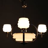 1930s Art Deco nickel and cream glass chandelier