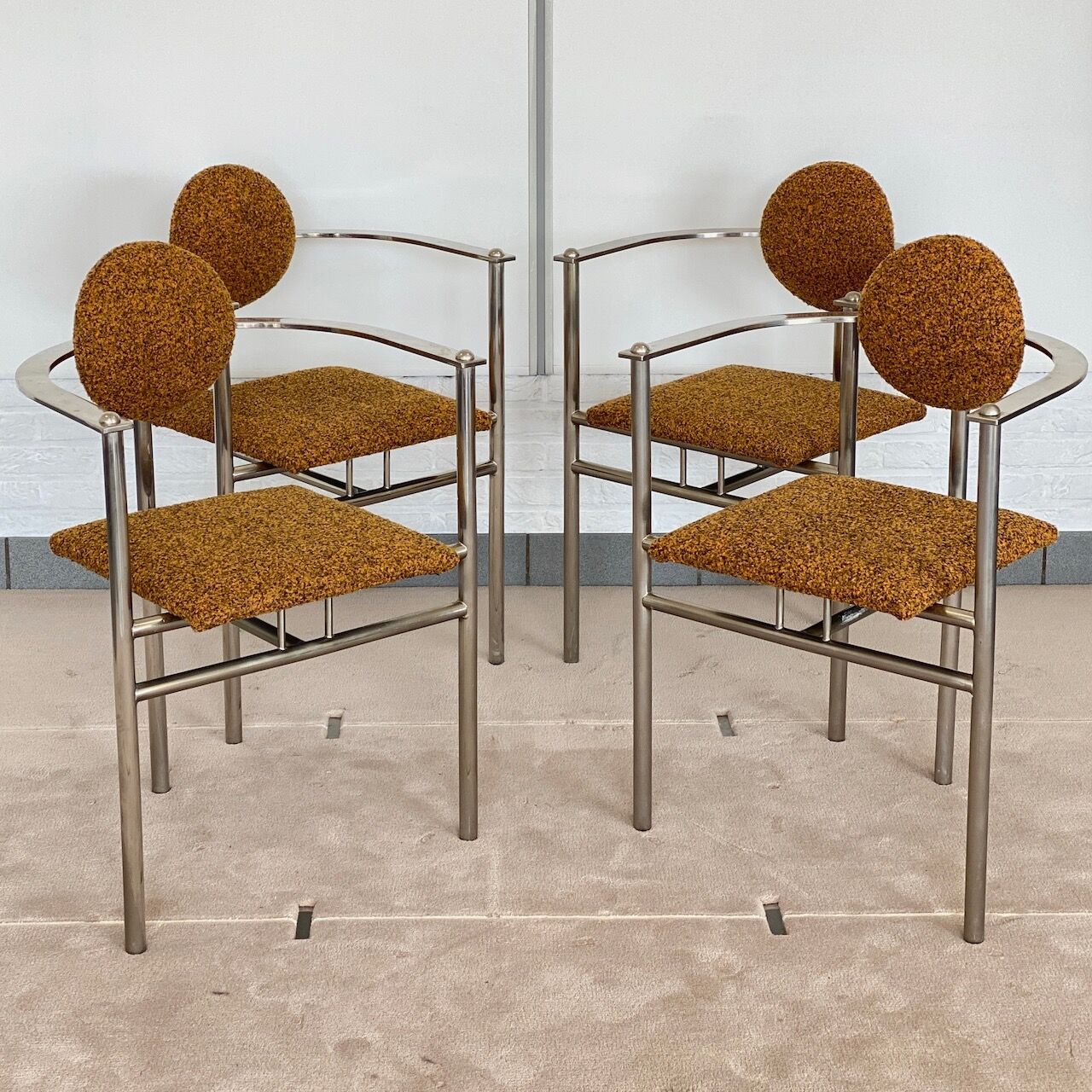 Set of 4 Belgo Chrom steel armchairs with bouclé