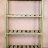 Old workshop shelf in Burmese teak with original green patina