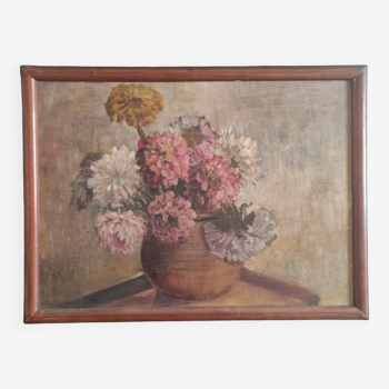 Vintage French oil painting of chrysanthemums