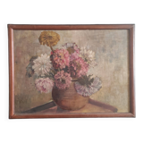 Vintage French oil painting of chrysanthemums