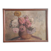Peinture à l'huile française vintage de chrysanthèmes