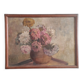 Peinture à l'huile française vintage de chrysanthèmes