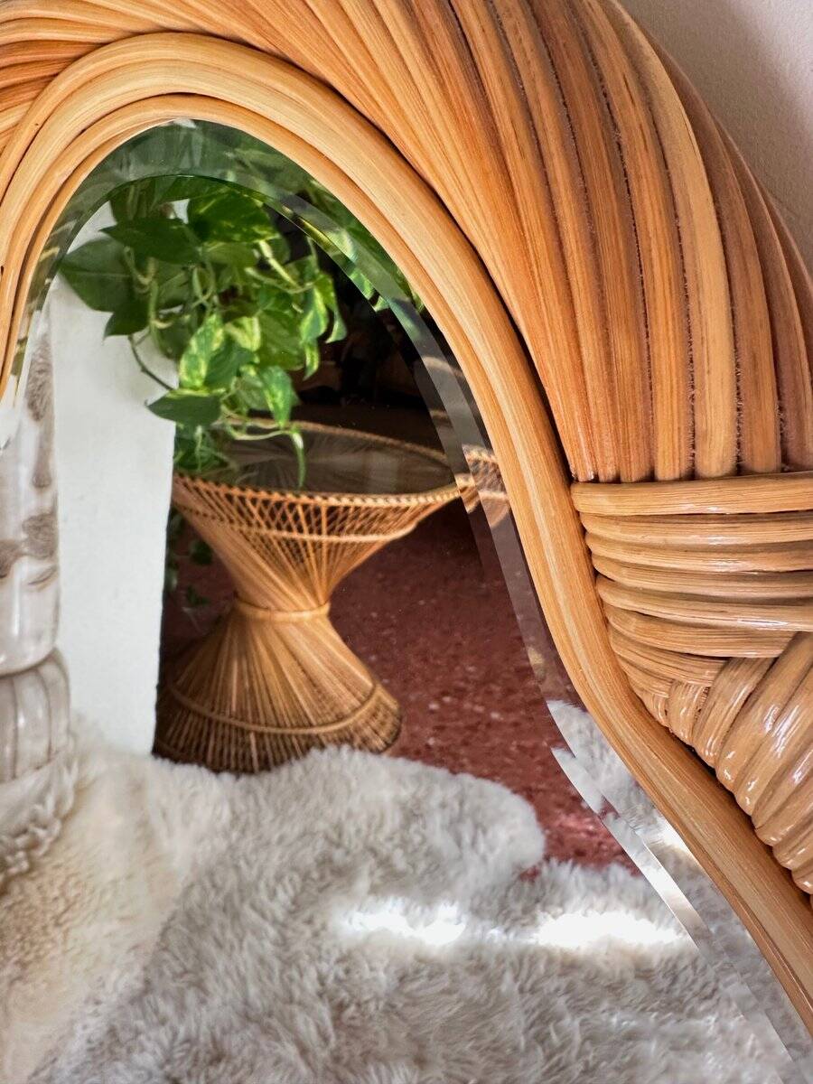 Vintage Twister mirror in spiral rattan with bevelled glass by Alberich, Spain, 1970s.