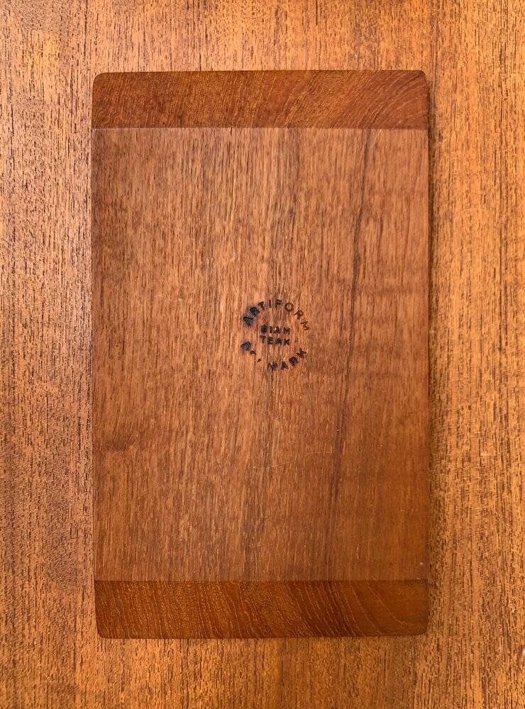 Danish teak plateau from the mid-century by Artiform with glass Cabaret trays from Holmegaard, 1960s, set of 3.