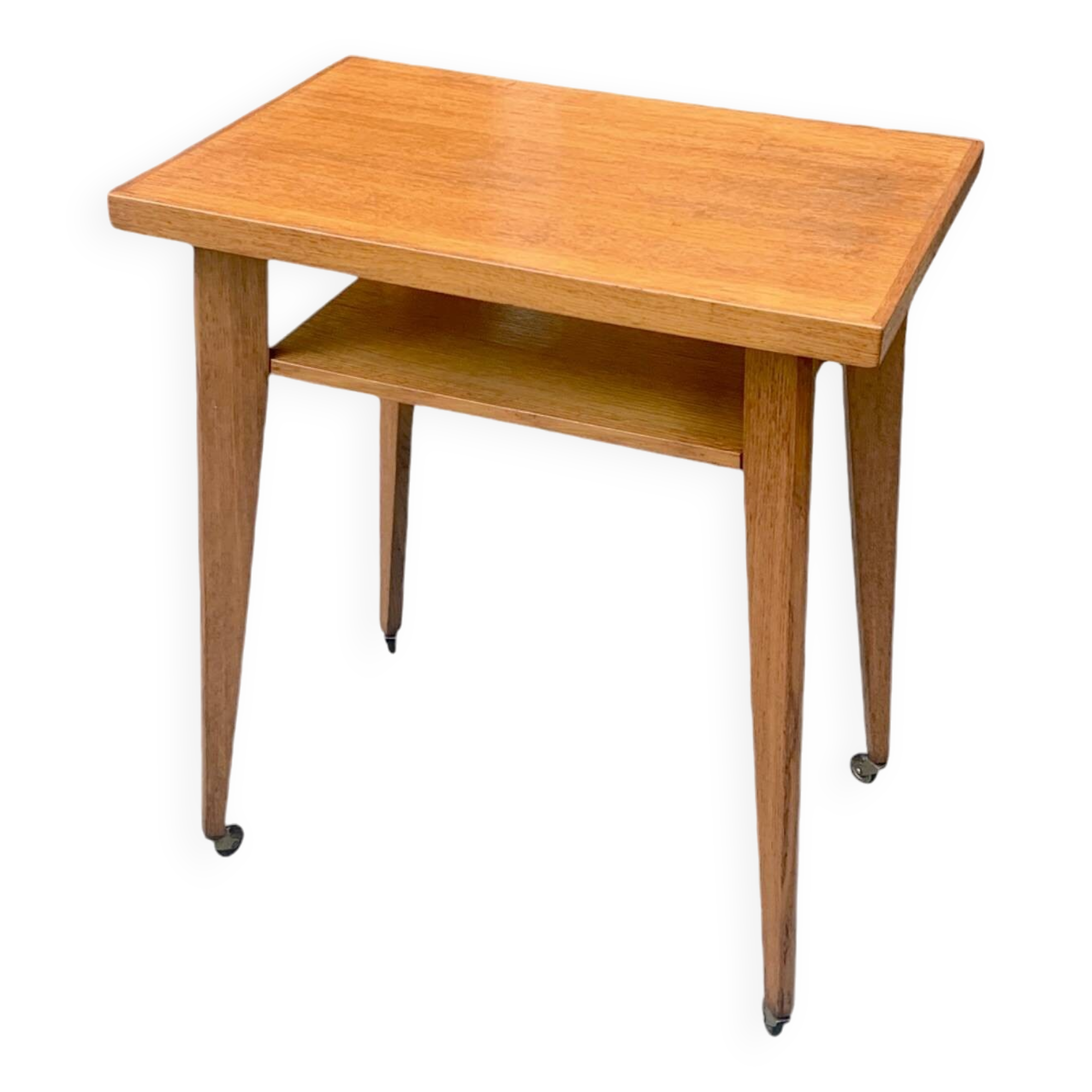 Varnished wooden trolley on wheels