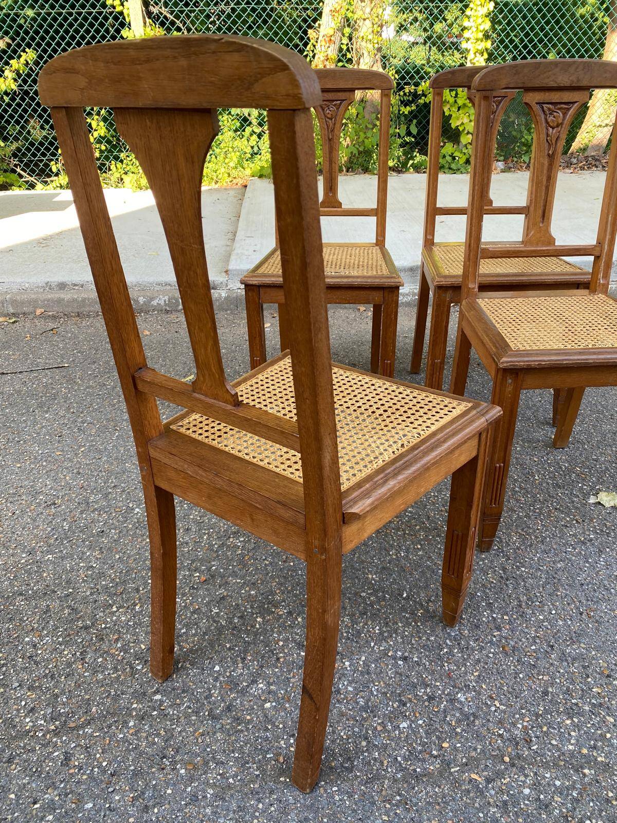 4 Art Deco chairs, solid oak, caned, 1950s.