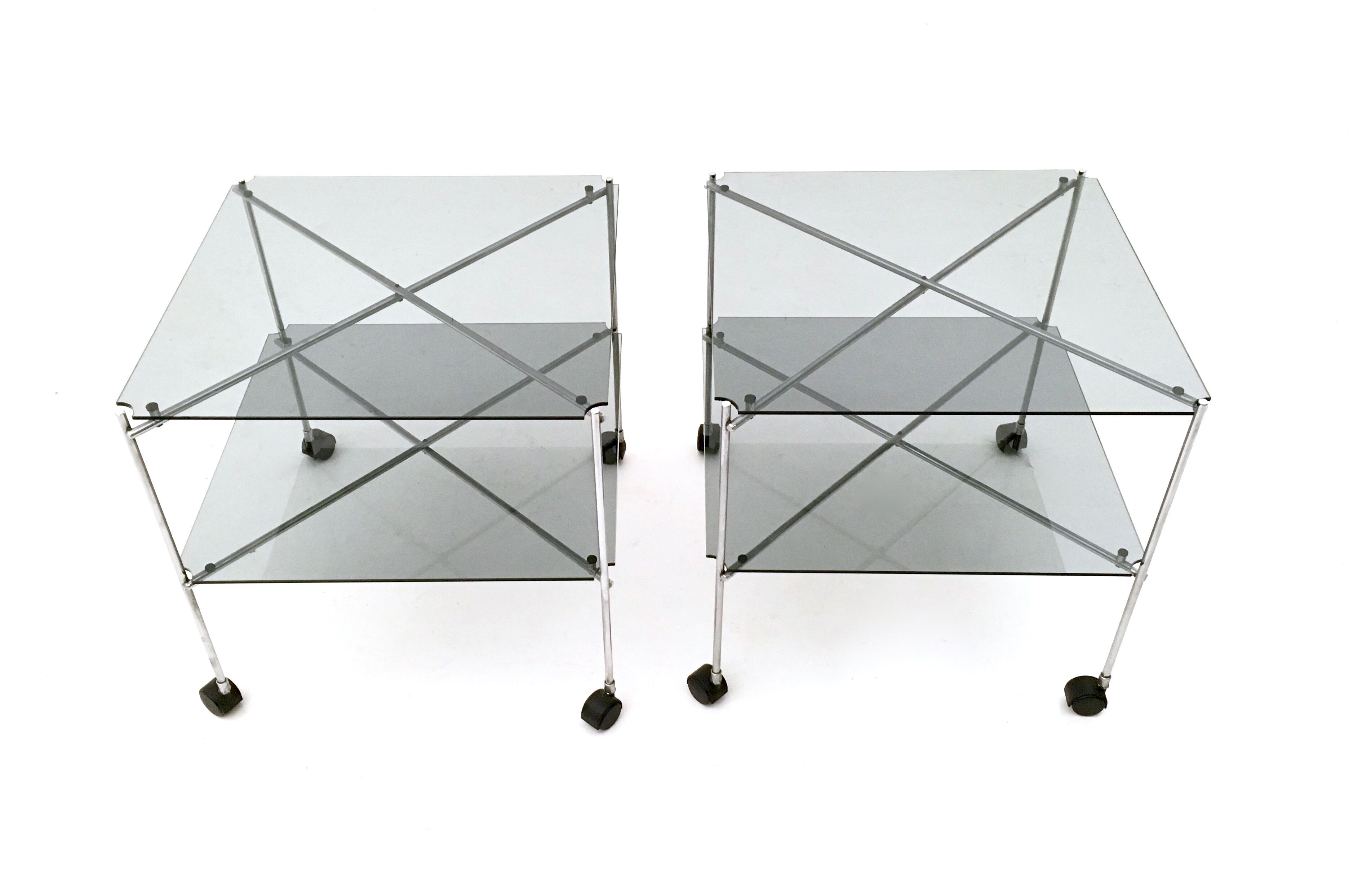 Pair of Postmodern Glass Carts Mod. Biplano by Bruno Munari for Robots, Italy