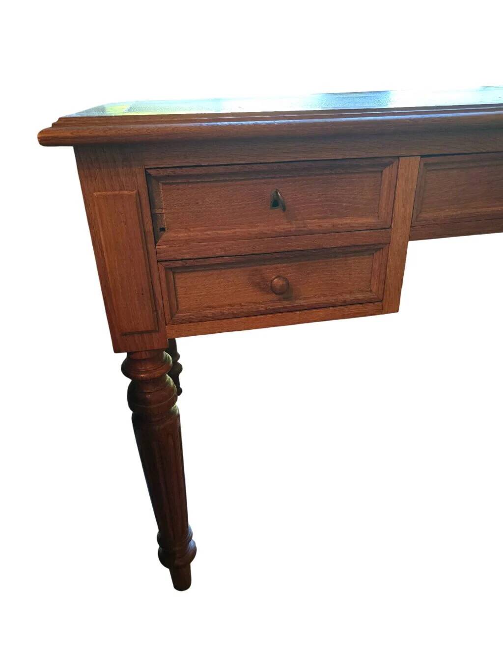 Antique flat desk in oak and black leather, Louis-Philippe style.