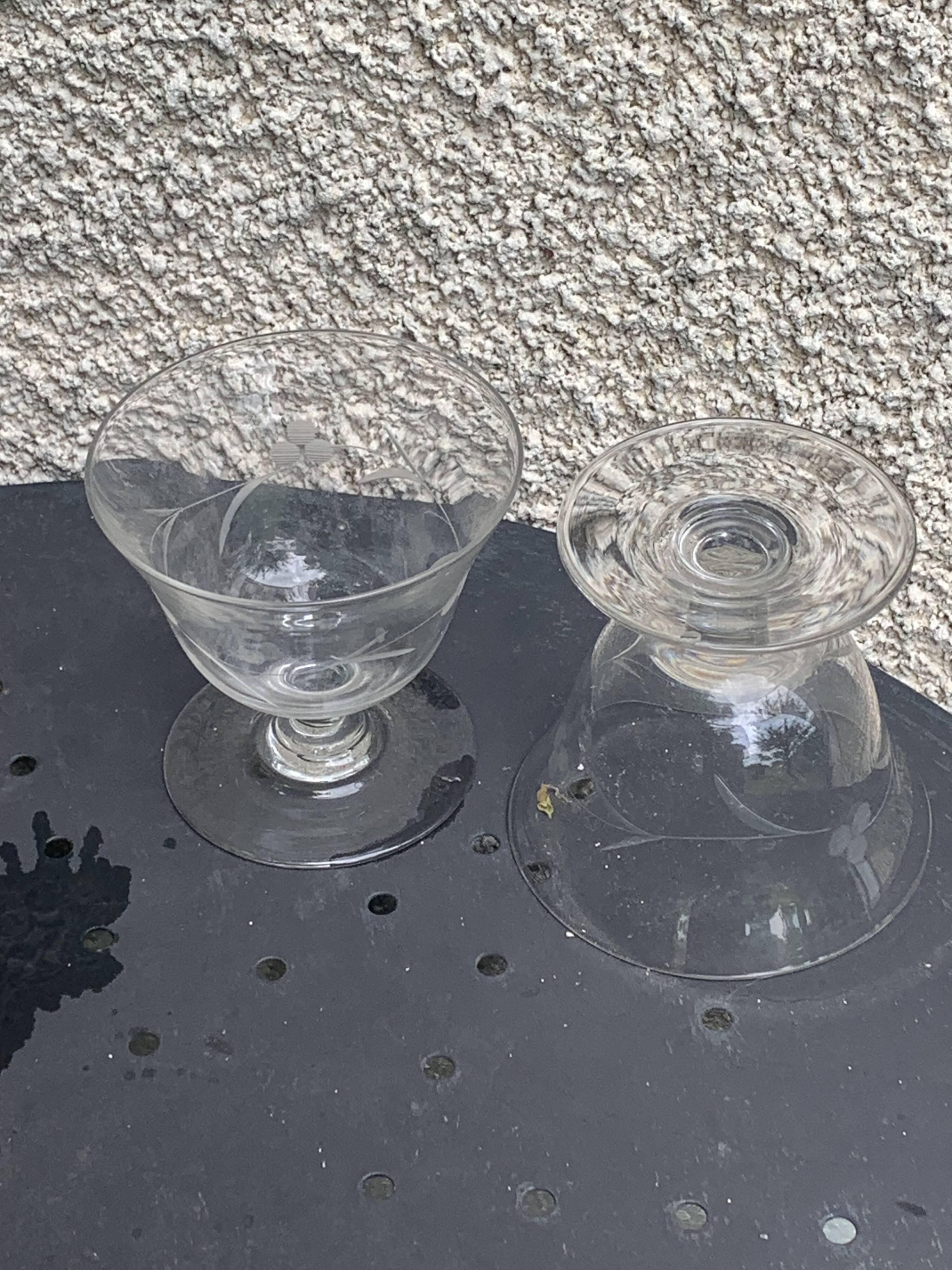 6 antique champagne glasses, chiseled floral motif, collector's item