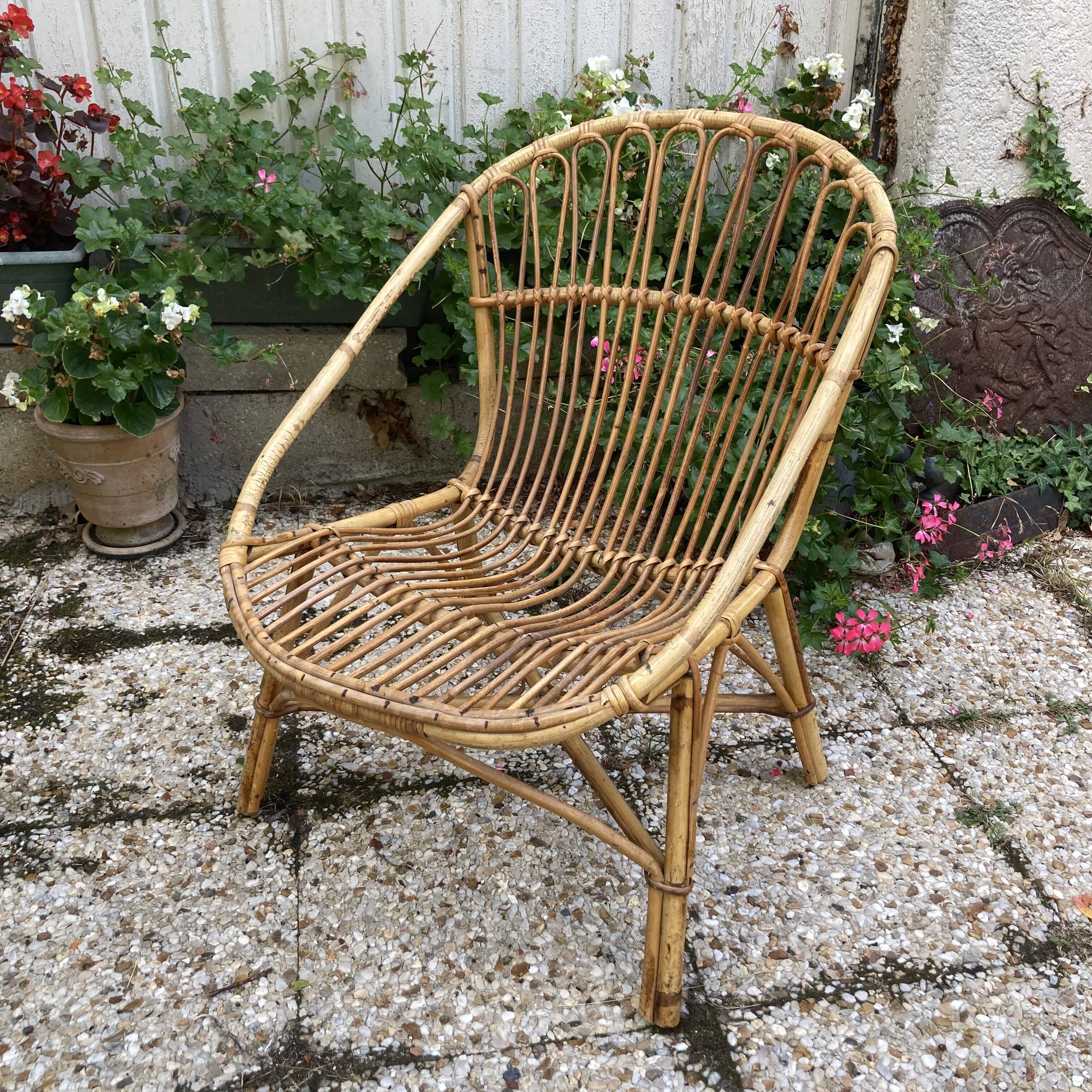 Set of 3 vintage rattan armchairs