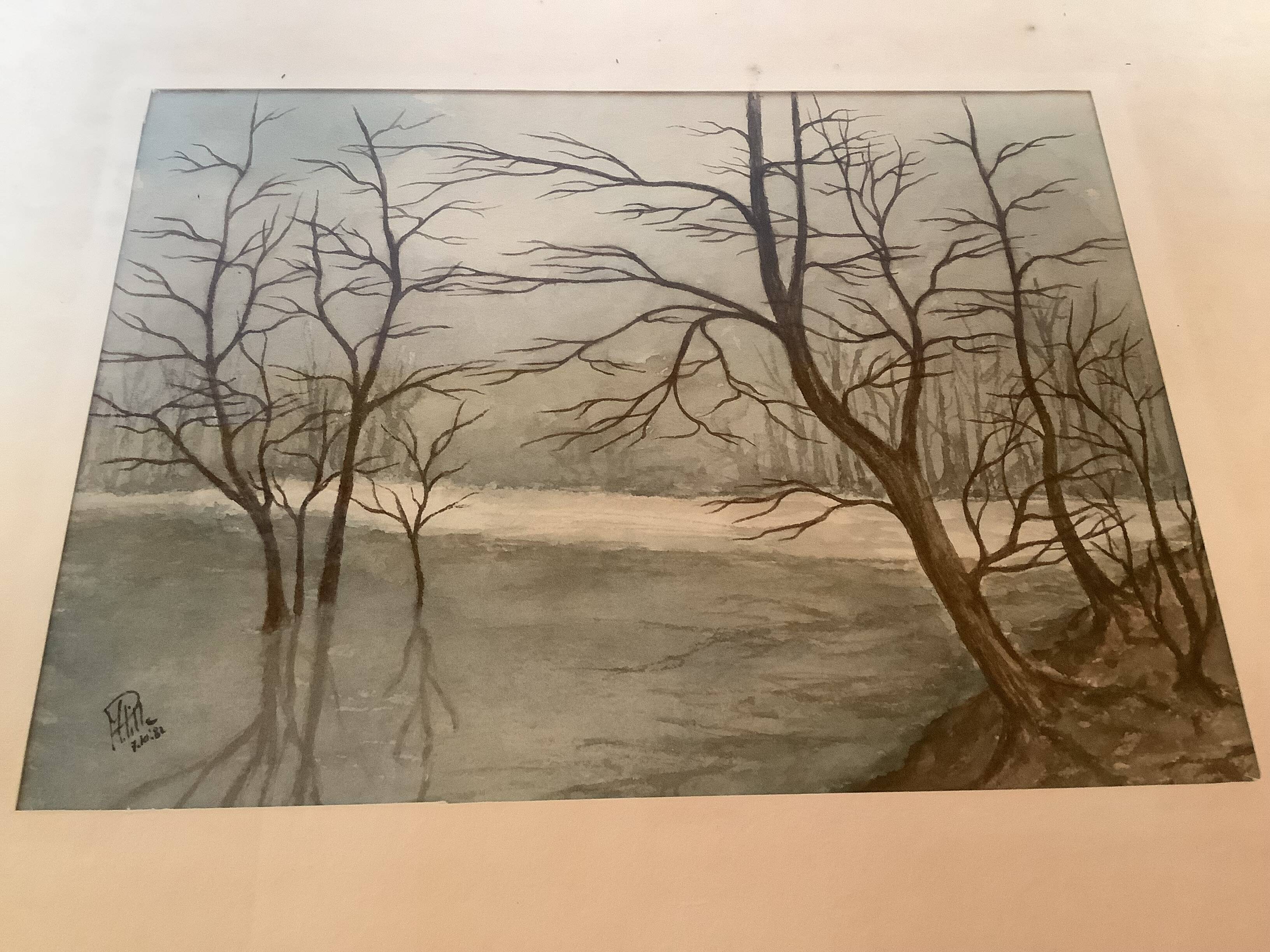 Winter landscape frame gouache