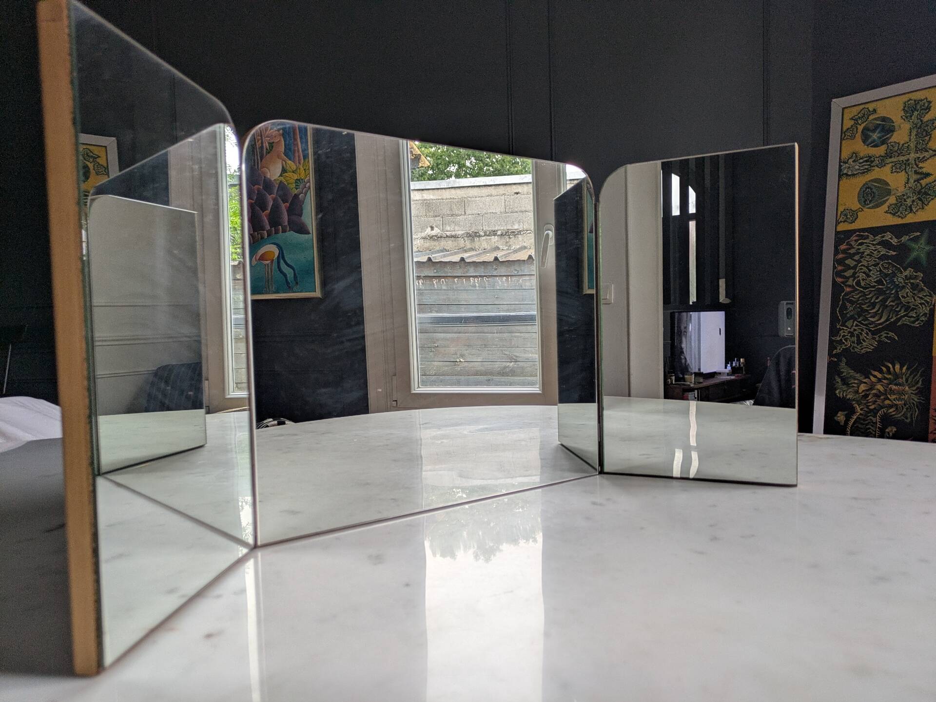 Mid-century tabletop triptych dressing mirror
