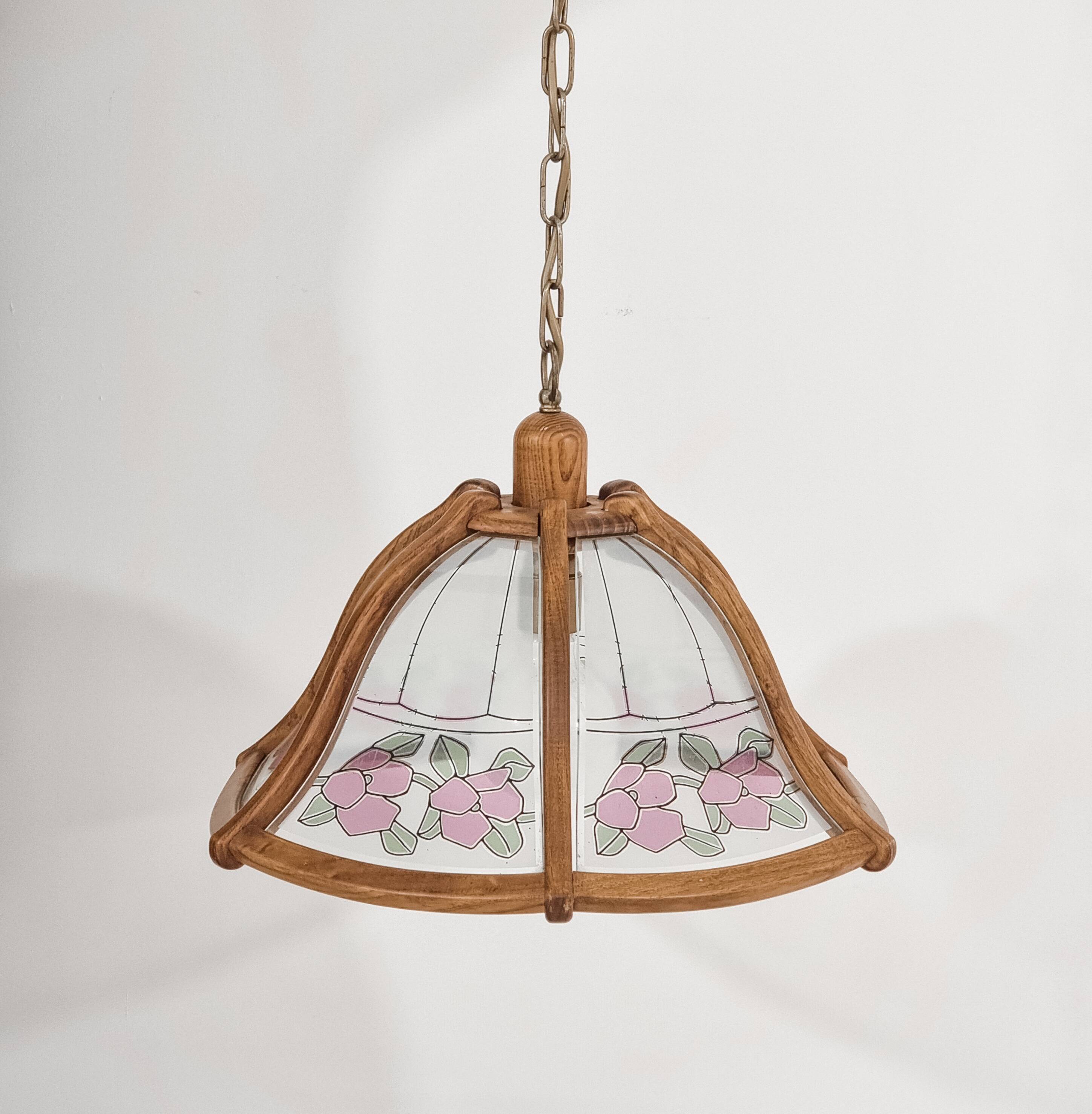 Art Nouveau style chandelier in wood and glass from the 1970s