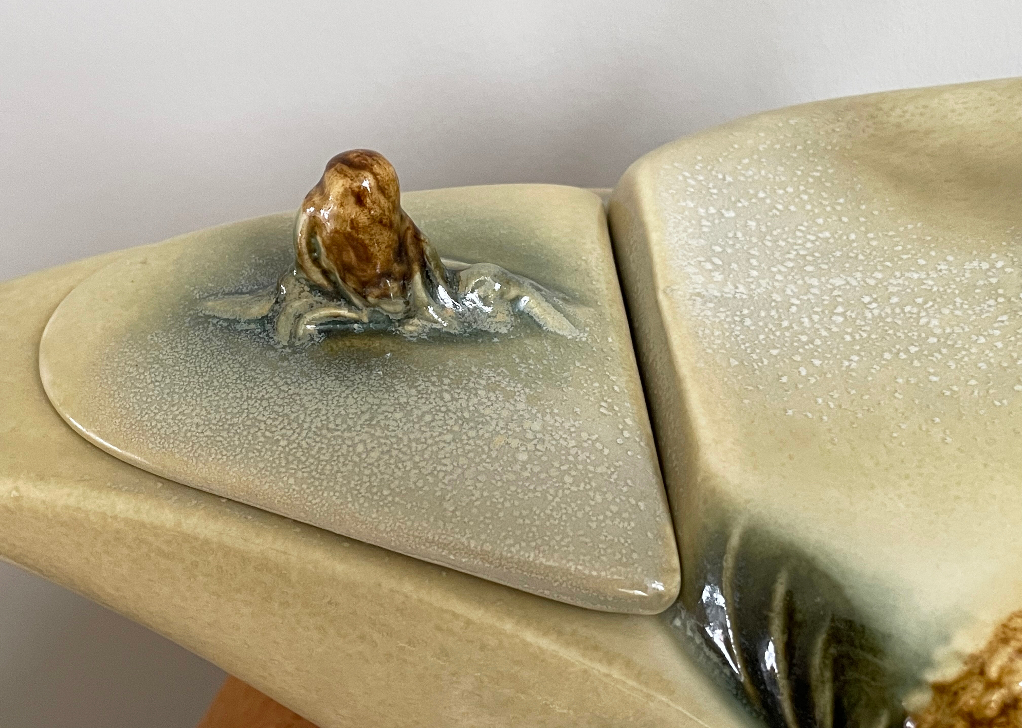 Hull pottery tea set parchment and pine, tea pot, creamer & sugar pot, american embossed majolica