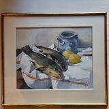 Watercolor, still life with fish