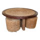 Vintage woven rope and rattan coffee table with 4 stools