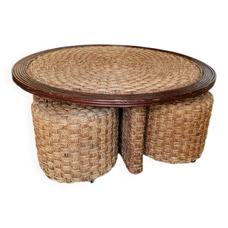 Vintage woven rope and rattan coffee table with 4 stools