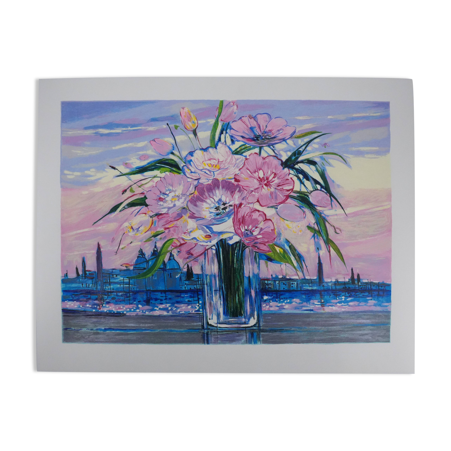 Michel Henry: Bouquet of flowers under a pink sky, original signed silkscreen print