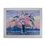 Michel Henry: Bouquet of flowers under a pink sky, original signed silkscreen print