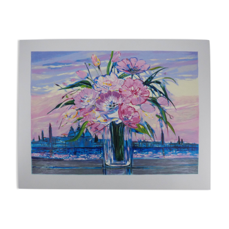 Michel Henry: Bouquet of flowers under a pink sky, original signed silkscreen print
