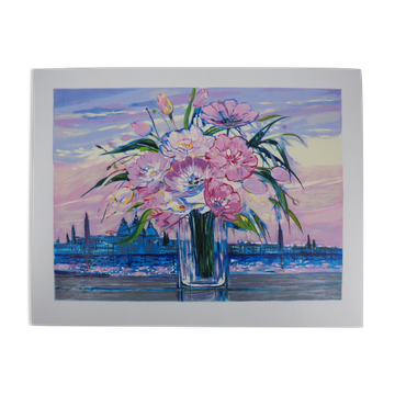 Michel Henry: Bouquet of flowers under a pink sky, original signed silkscreen print