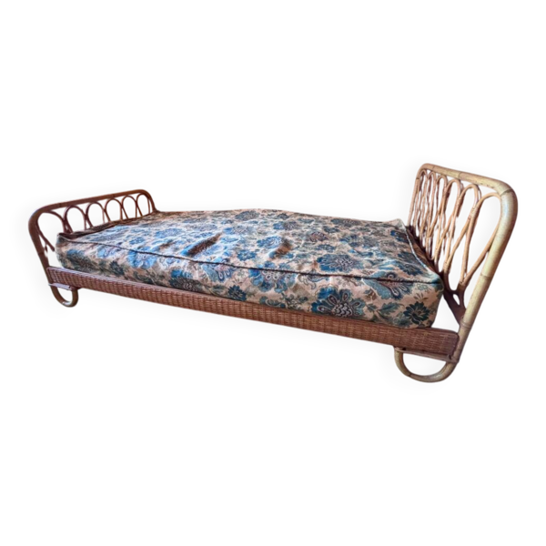 Lit une place vintage en rotin naturel – 90 × 190 cm – Années 70