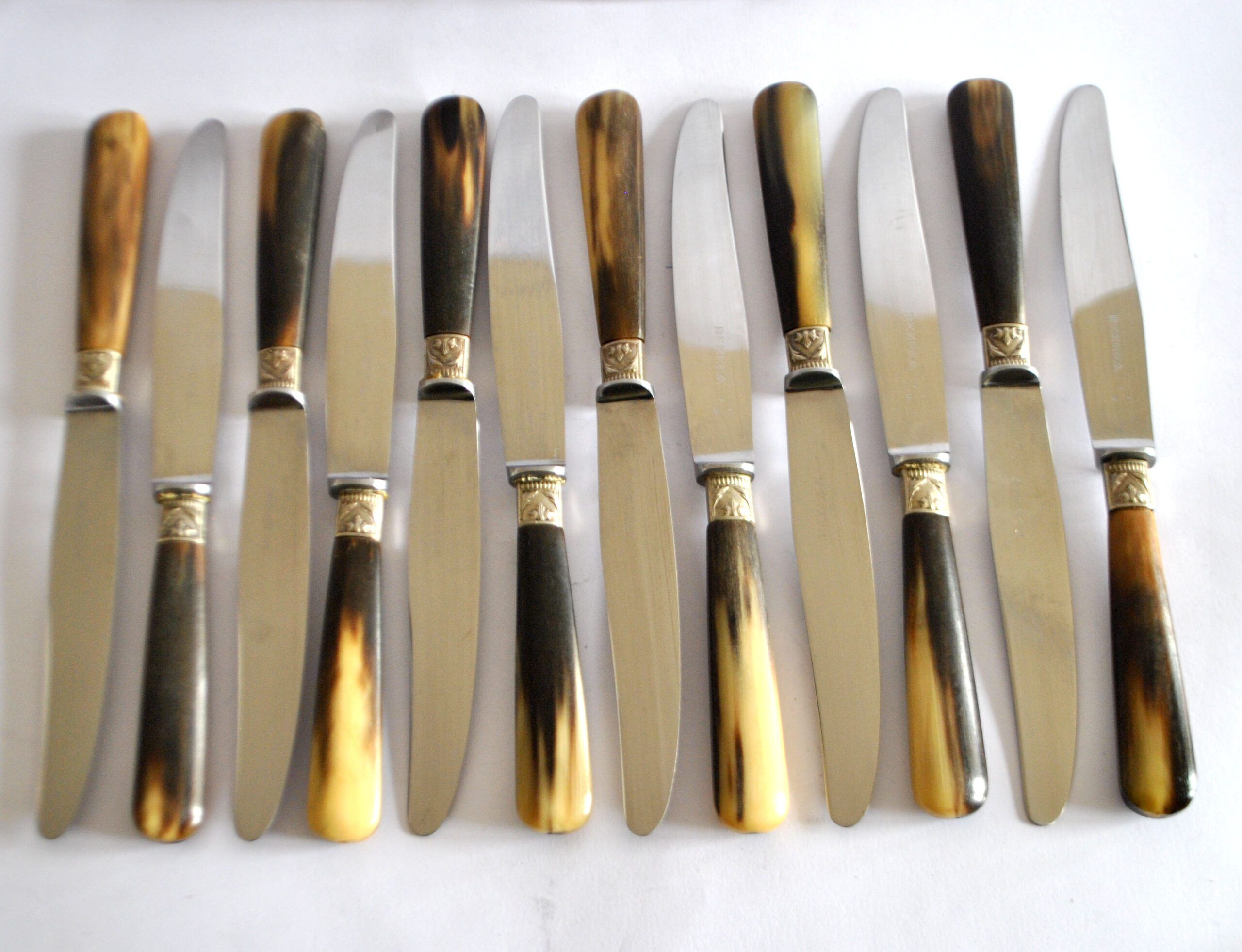 Set of 12 vintage table knives with horn handles and stainless steel blades RENEKA 24.5 cm