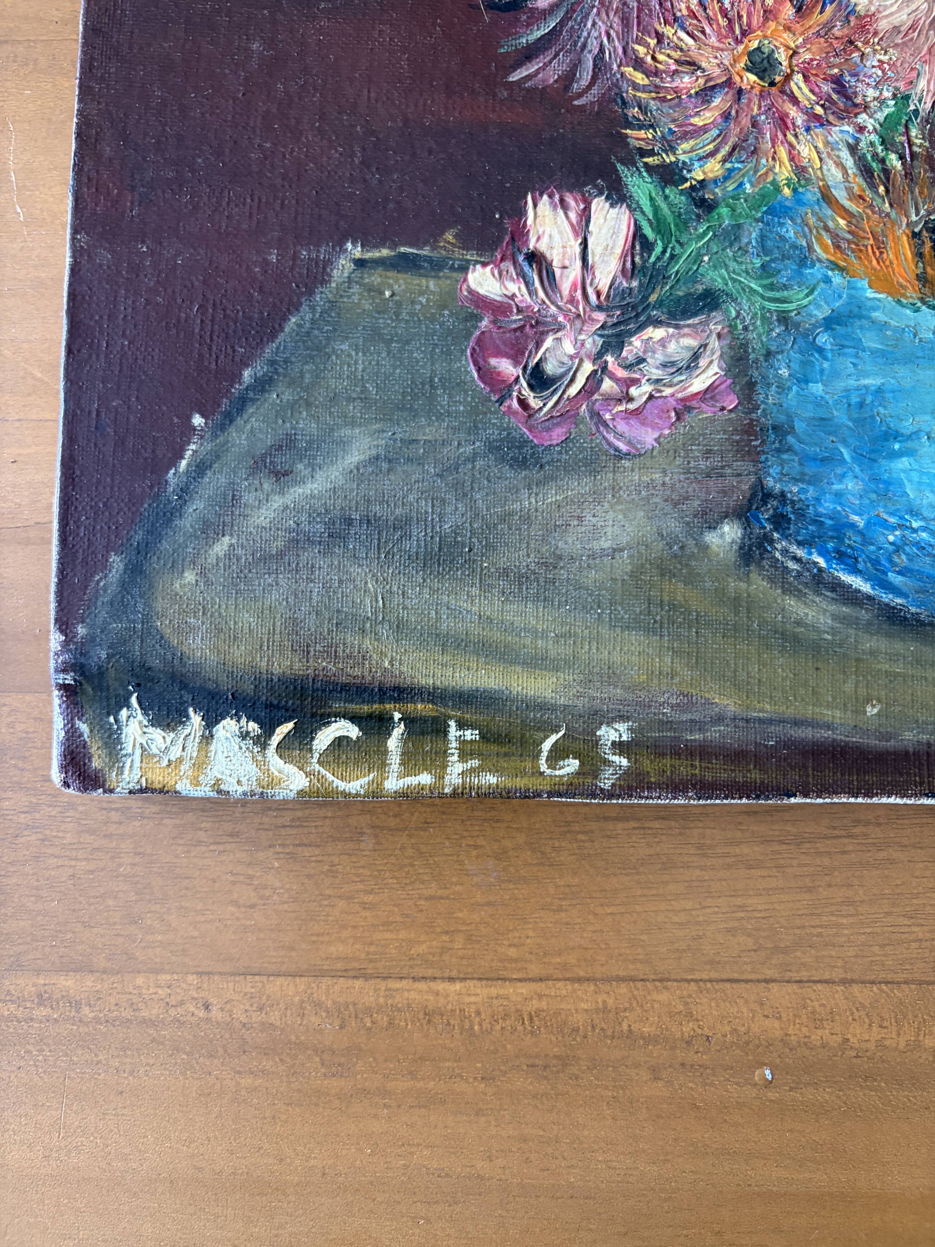 Tableau peinture originale bouquet de fleurs Lefranc vintage 1965