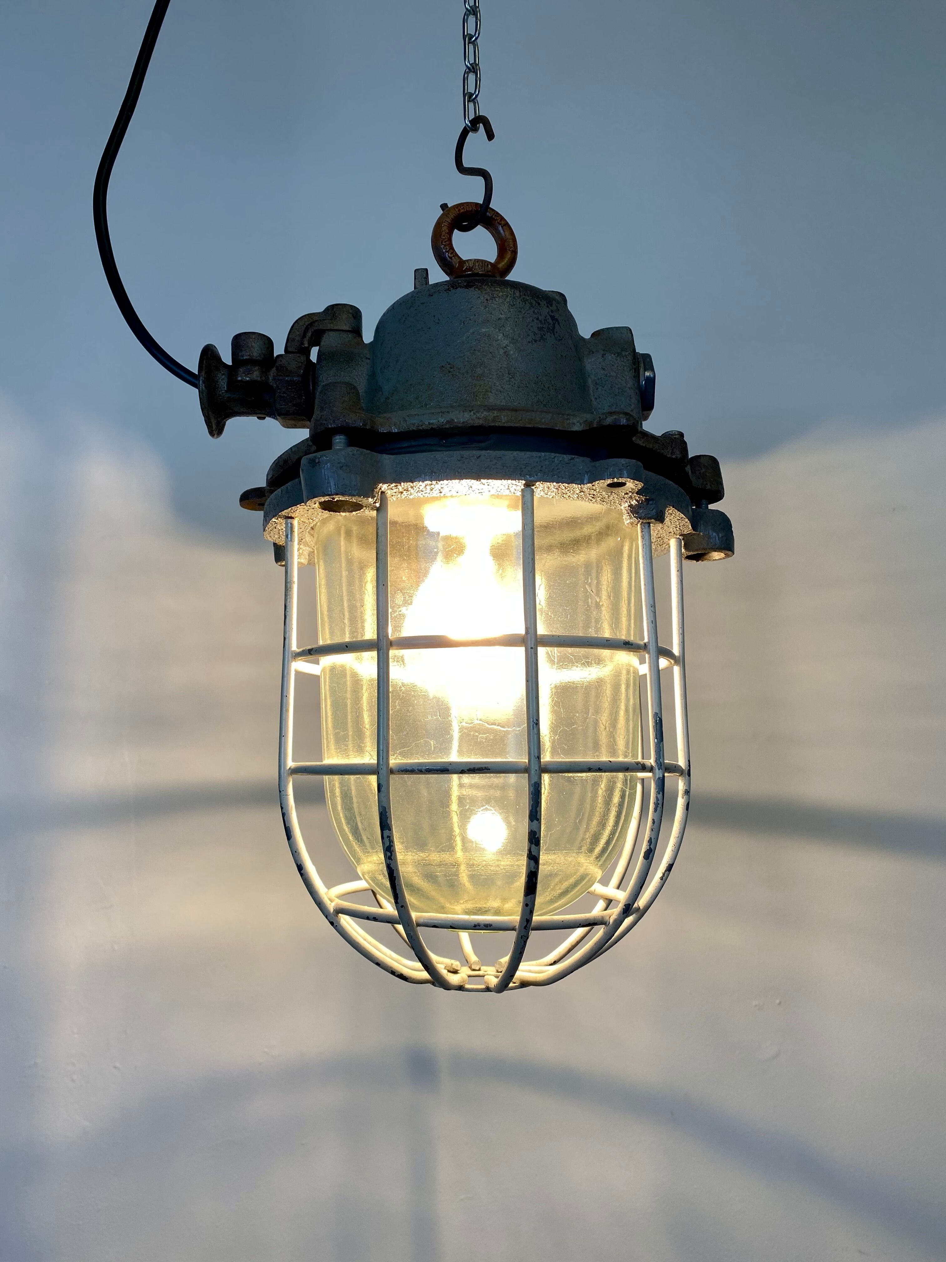 Grey cast iron industrial cage pendant light, 1970s