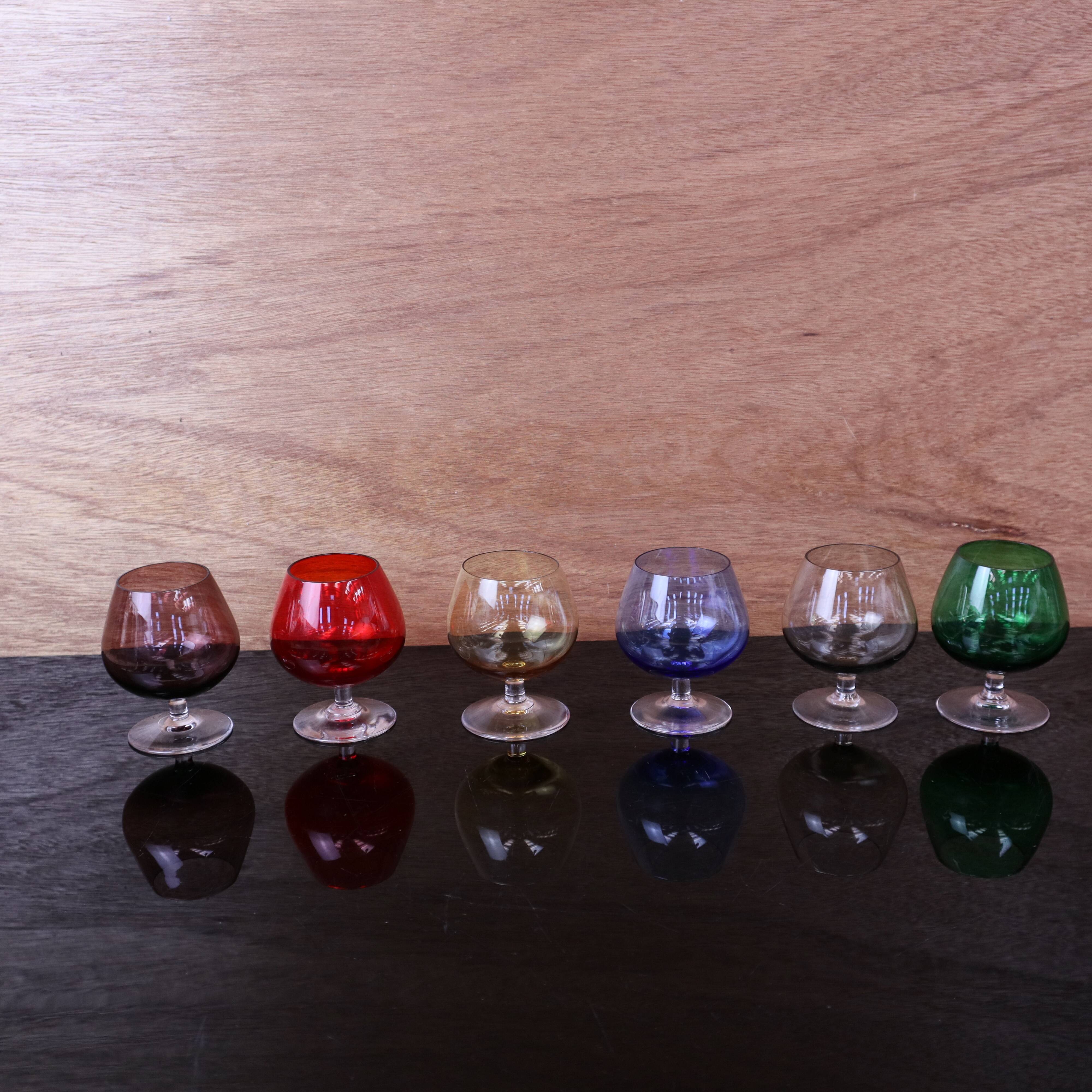 6 vintage coloured cognac glasses