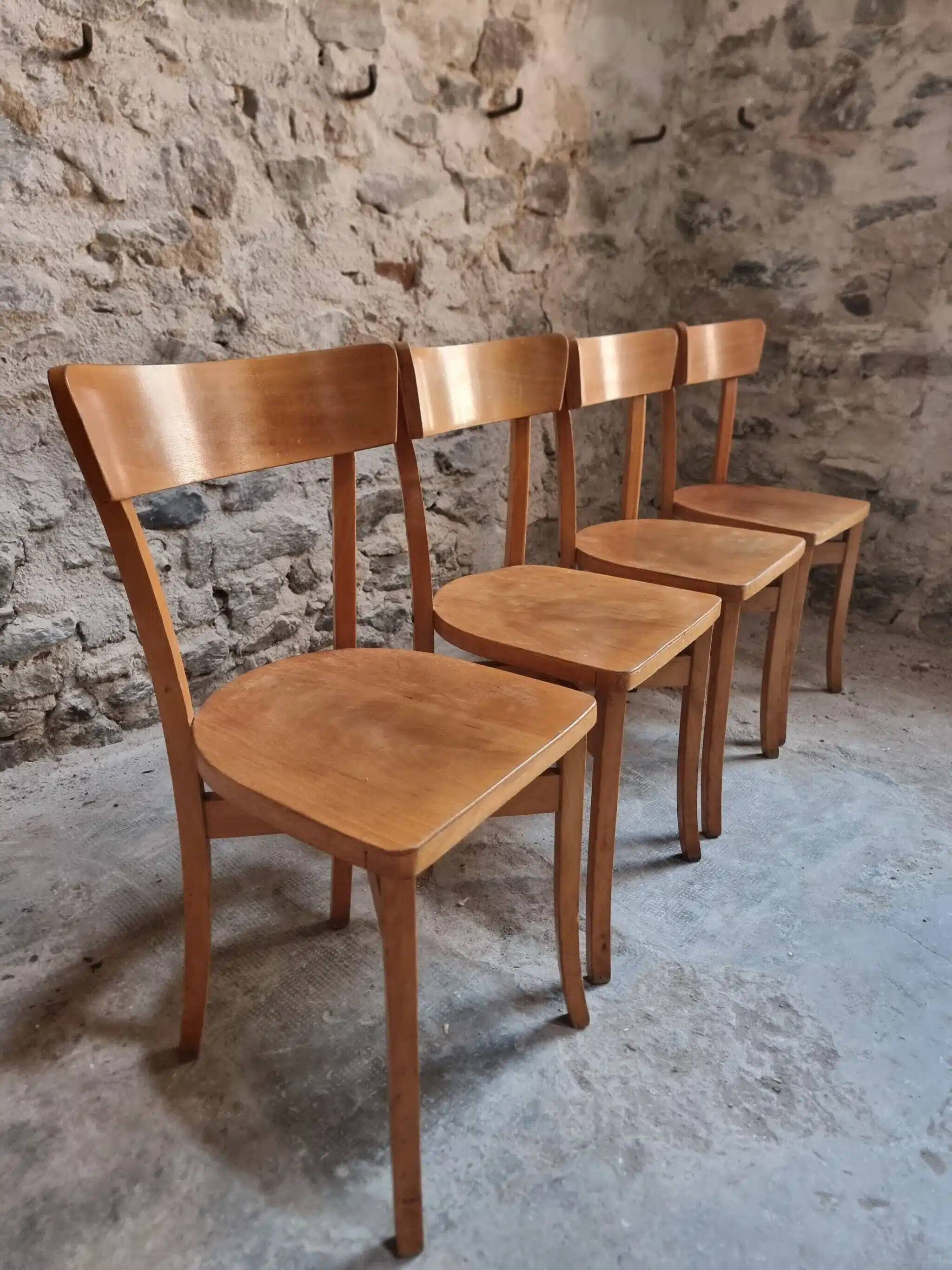 Set of 4 French bistro chairs, beech and plywood, 1960s, mid-century dining chairs.