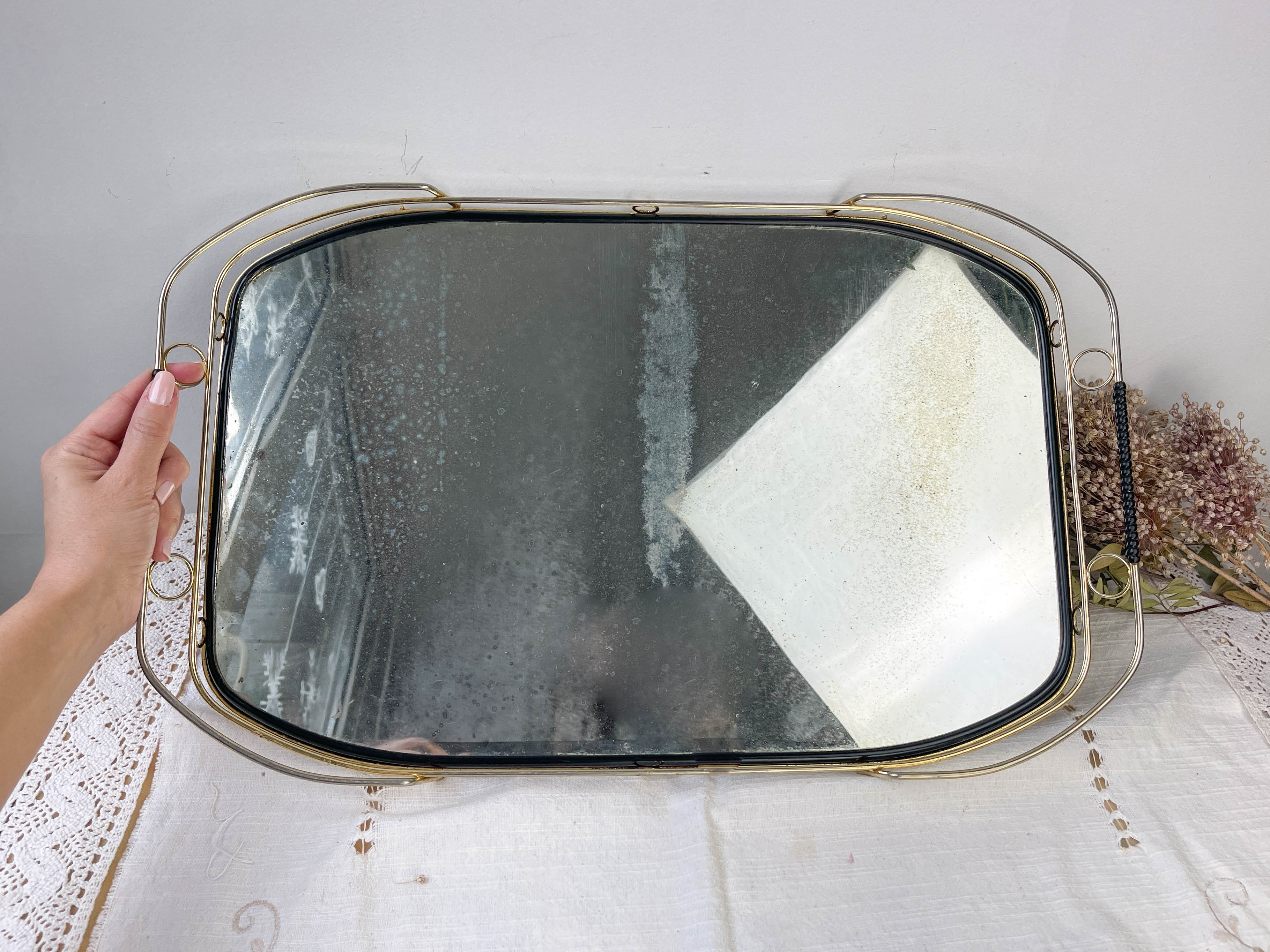Art Deco style mirror and brass serving tray