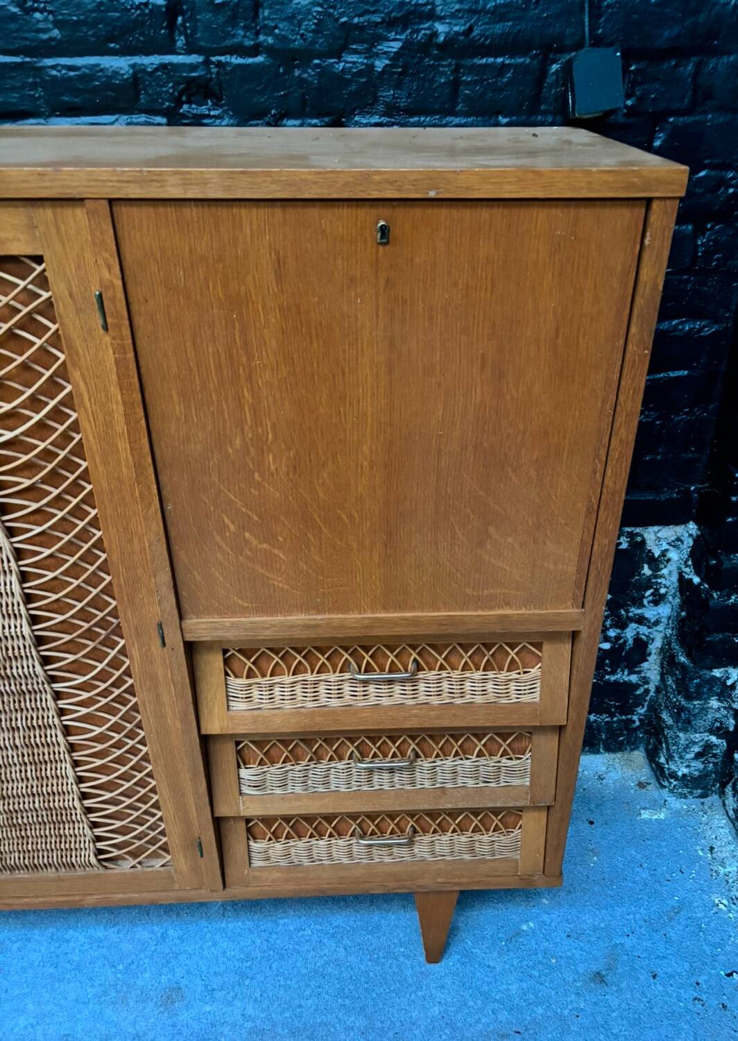Vintage retro 1960s rattan and wood cabinet with desk section