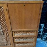 Vintage retro 1960s rattan and wood cabinet with desk section