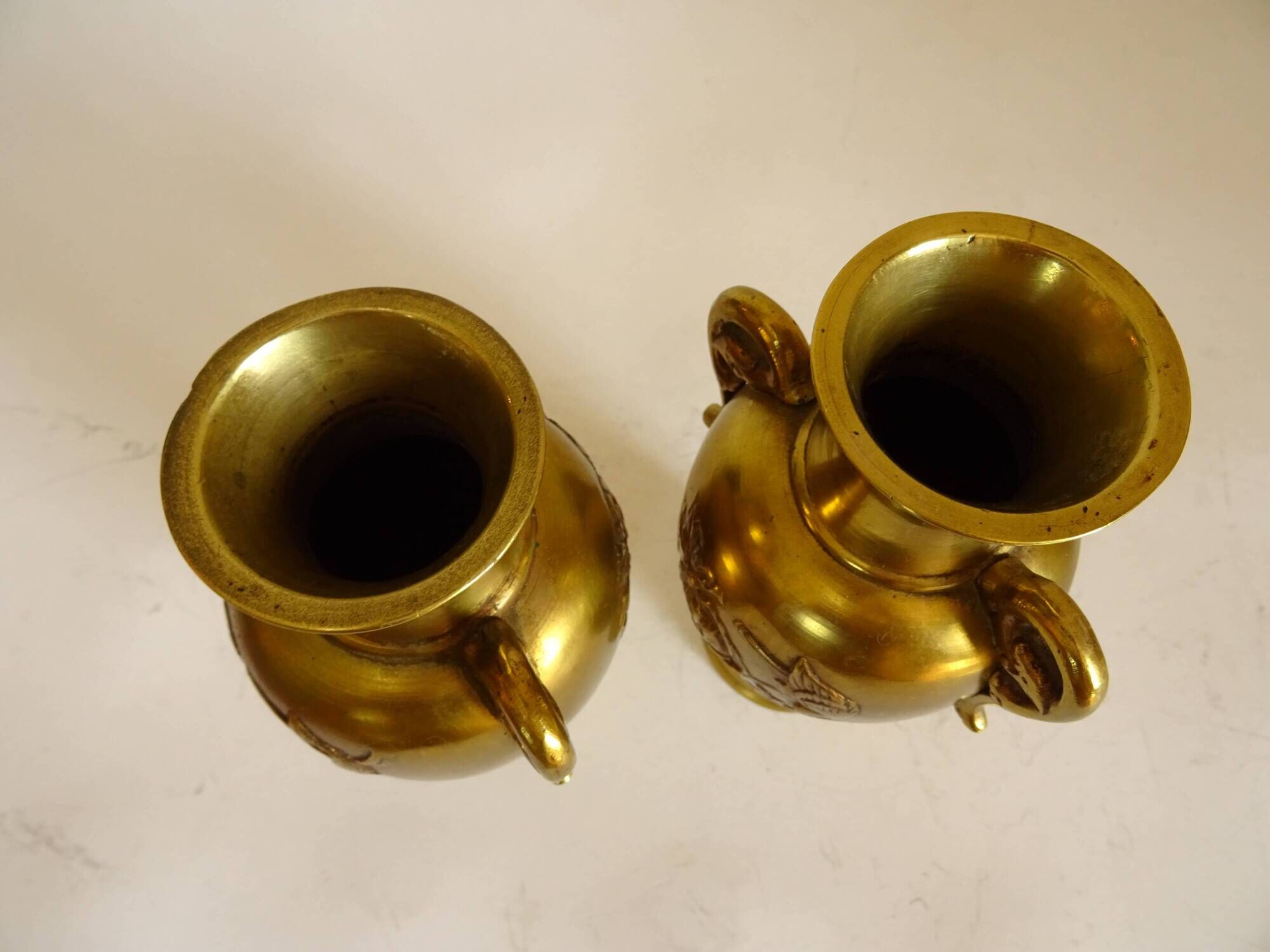 Pair of Gilt Bronze Vases / 19th Japan Meiji / Signed Fine Gold Flowers Birds