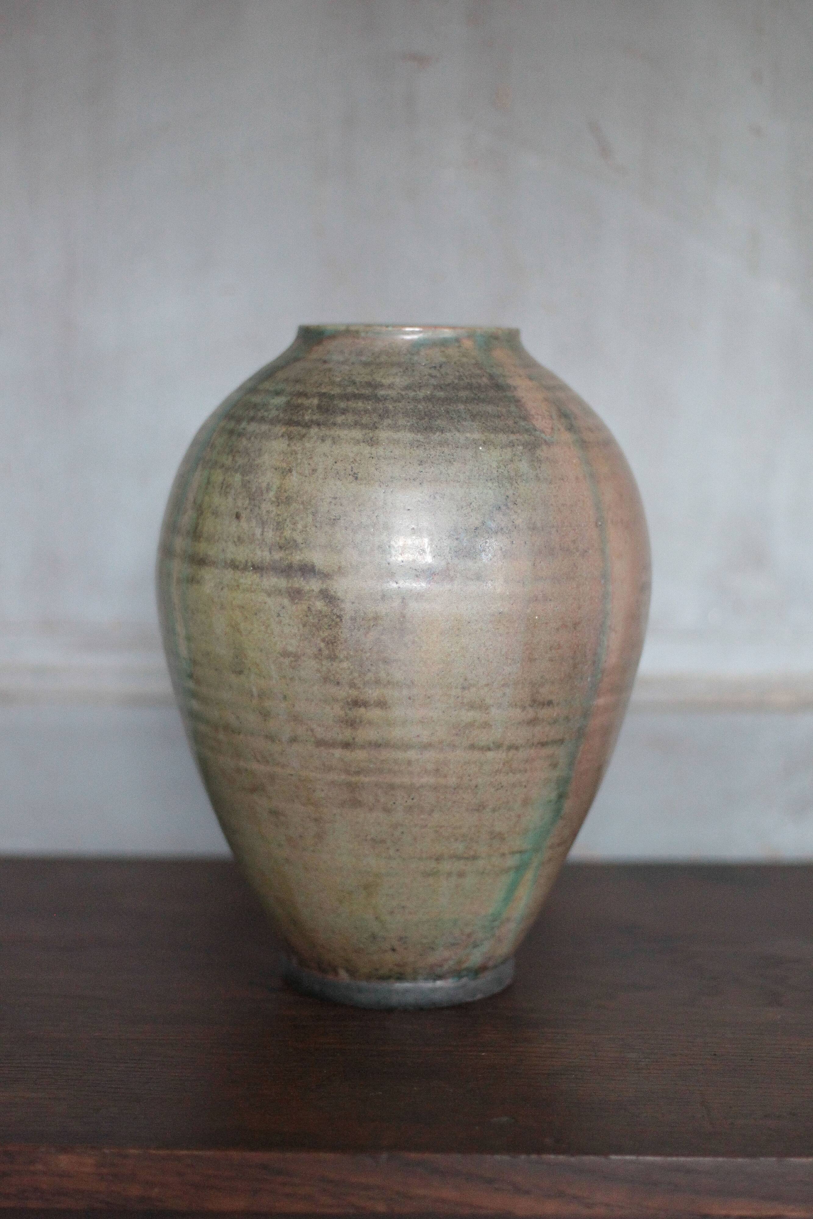 Glazed green ceramic vase signed AB, pottery, flower pot, vase.