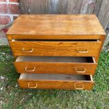Ancienne Commode Bois 3 Tiroirs Années 70 Pieds Compas Vintage #B773