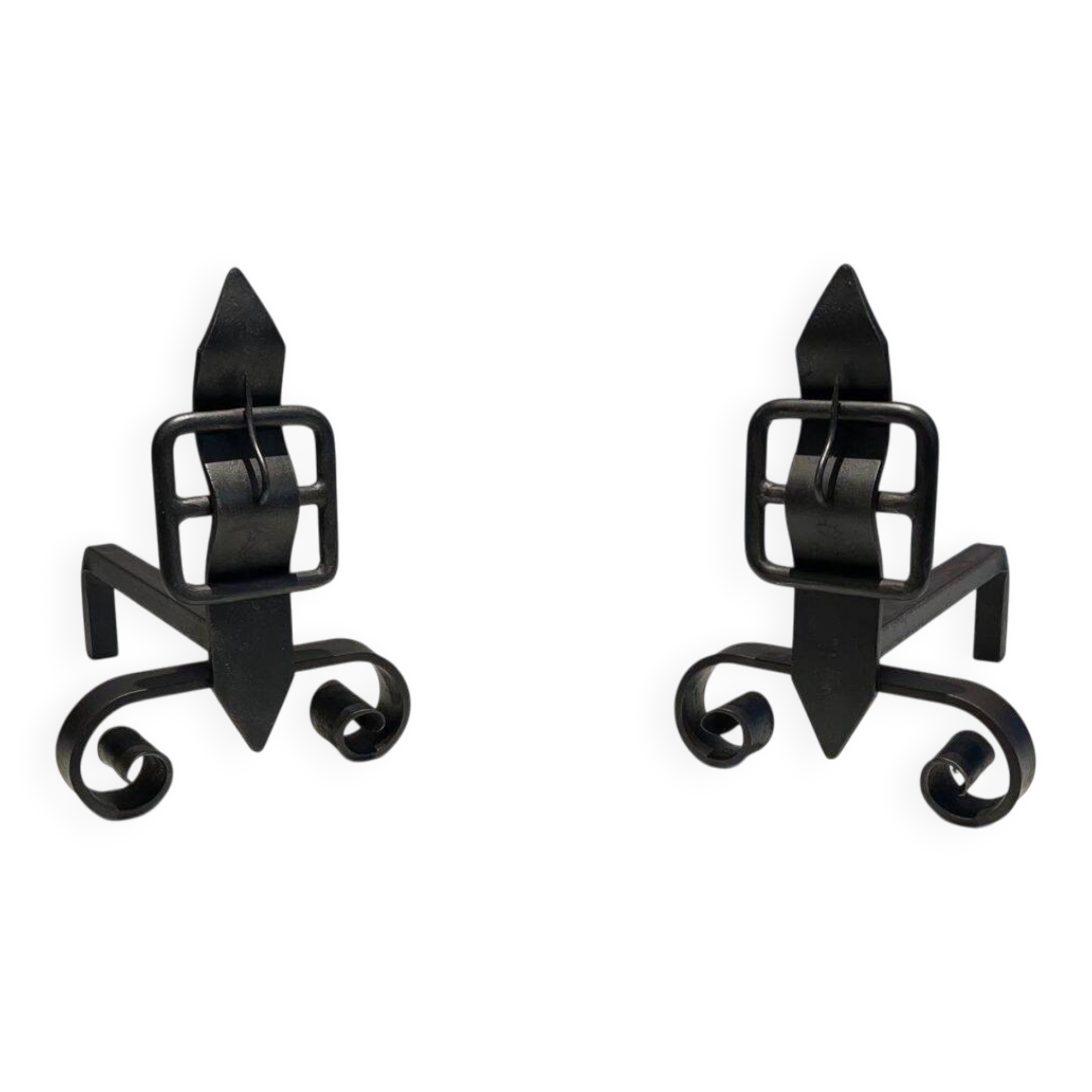 Pair of Wrought Iron Andirons with Obelisk and Belt Motifs