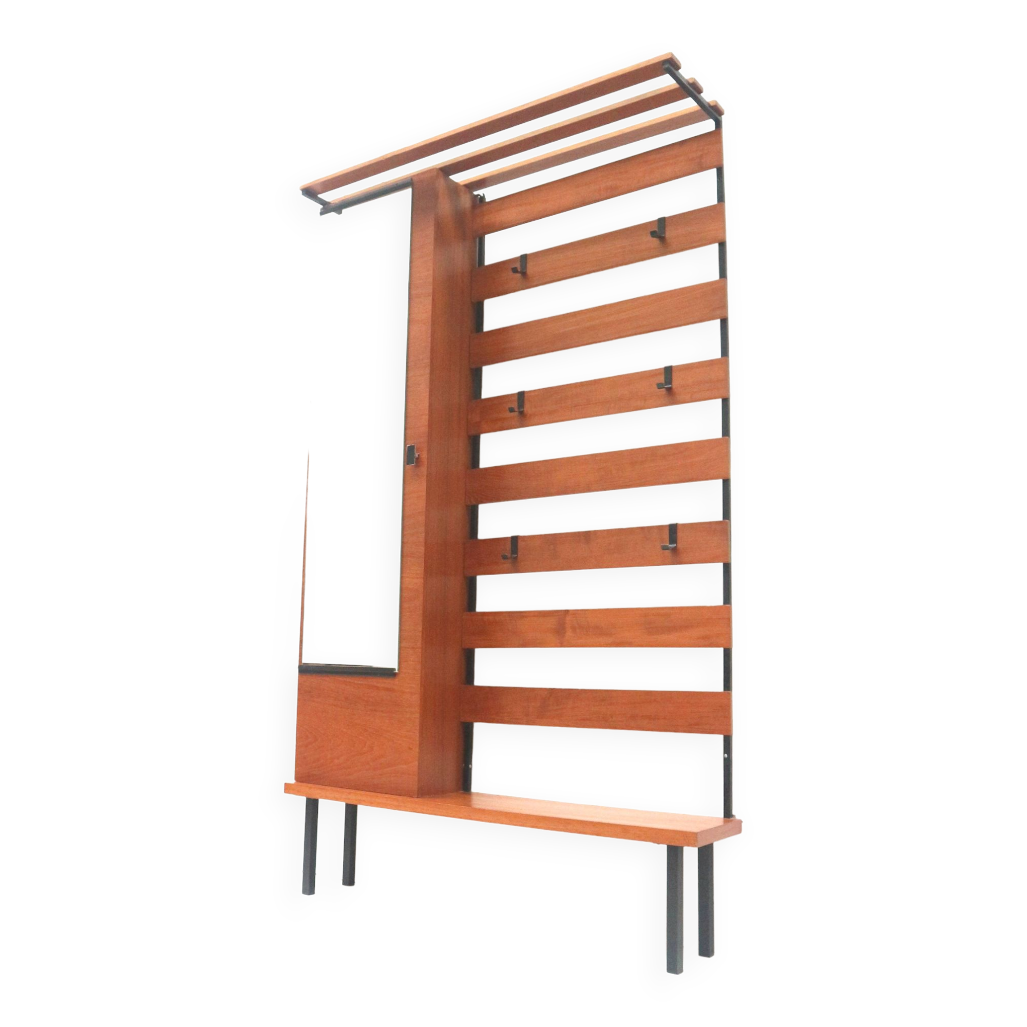 Large standing vintage coat rack with mirror and shoe cabinet made in the 1960s