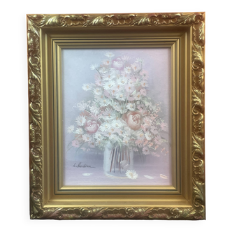 Bouquet fleurs dans bocal huile sur toile signature à identifier