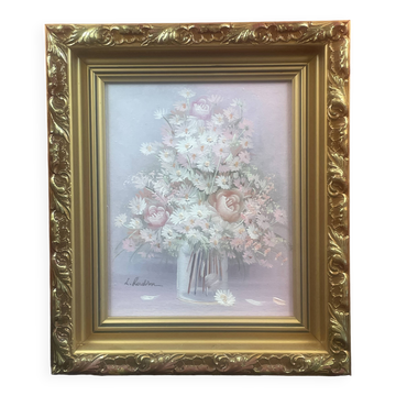 Bouquet of flowers in jar oil on canvas signature to identify