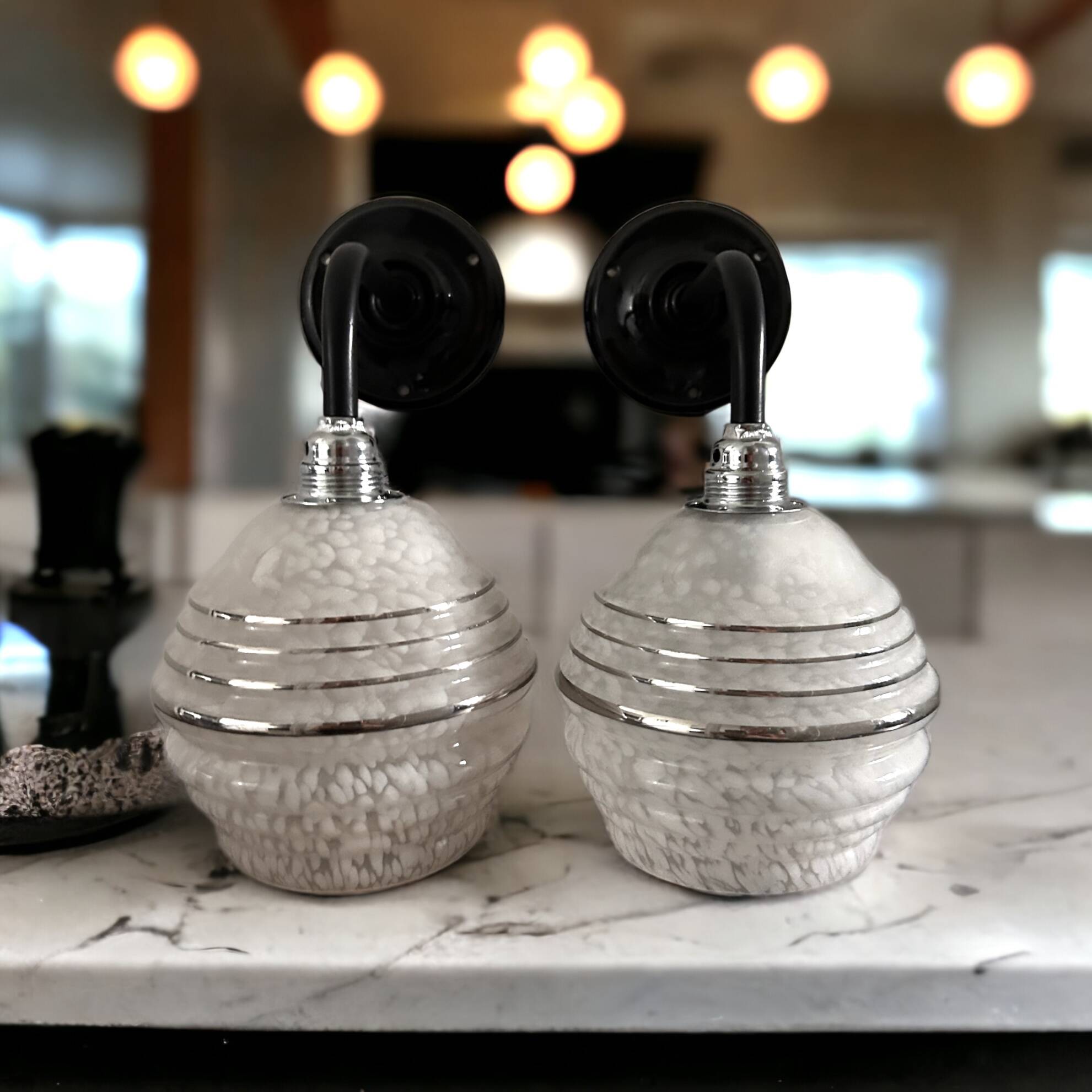 Pair of white, black and silver Art Deco wall lights