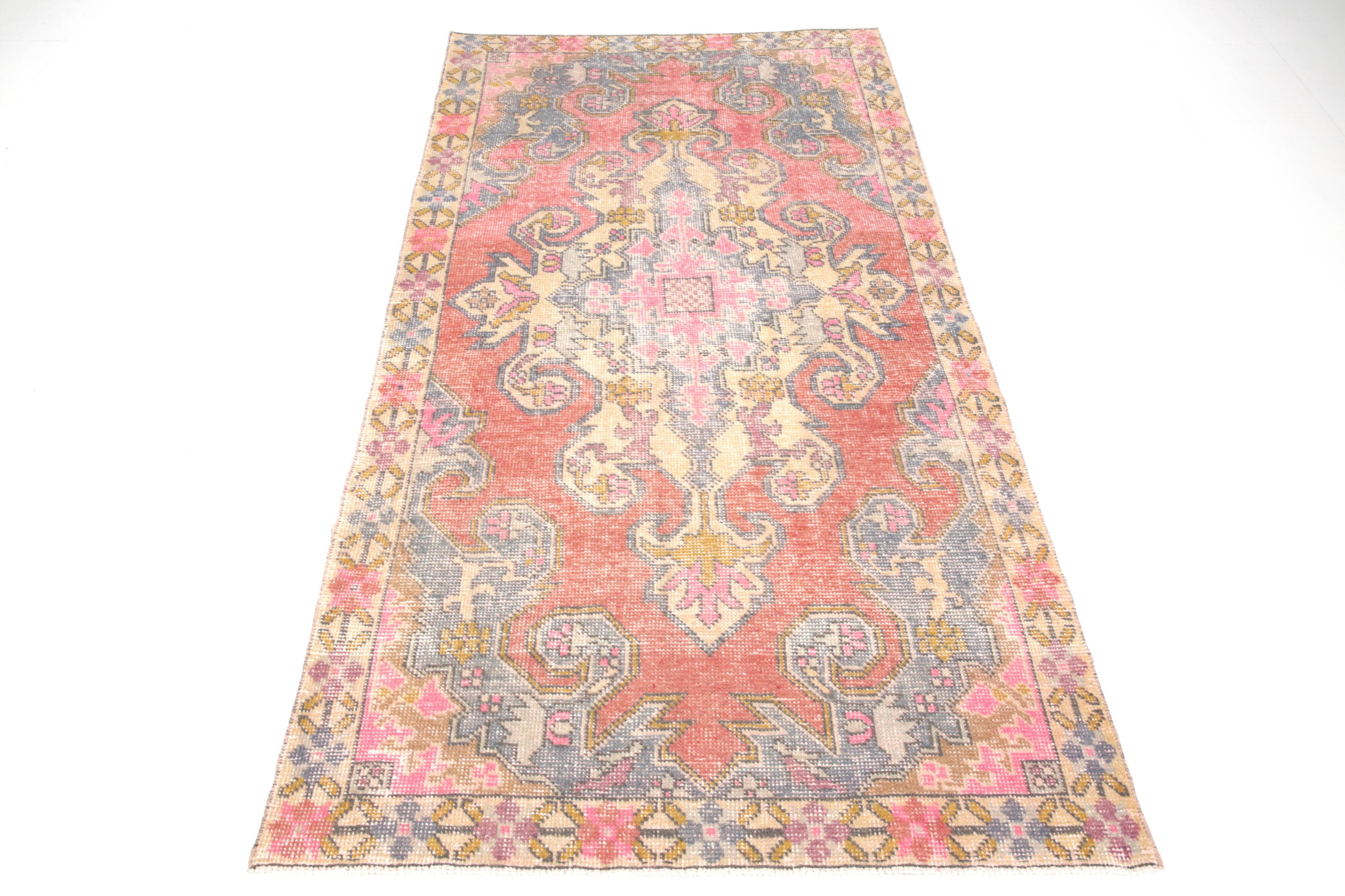4x8 Rug For Guest Room Red & Pink Vintage Rug, 124x230Cm SK 3780