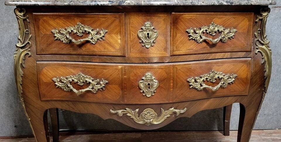 Louis XV style curved chest of drawers in marquetry circa 1880