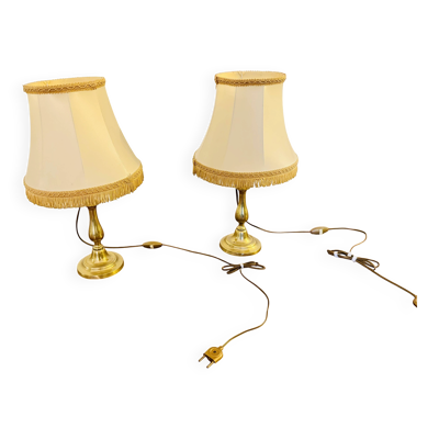 Paire de lampes de table anciennes en laiton doré avec  abat-jour