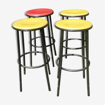 Set of 4 vintage bar stools in metal and colorful wood