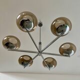 Old 6-light chandelier designed by Sciolari in chrome metal and smoked glass, 70s vintage