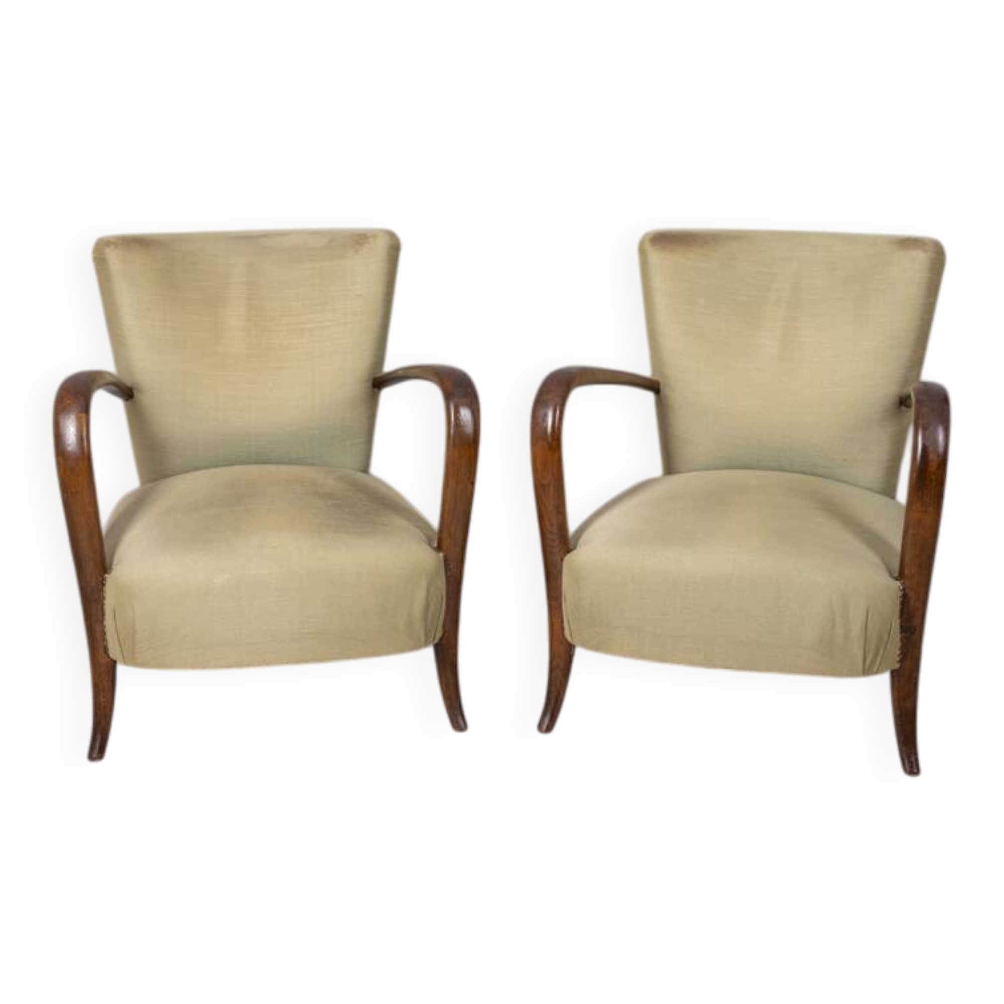 PAIR OF VINTAGE 1940S ARMCHAIRS IN WOOD AND FABRIC, ITALIAN DESIGN